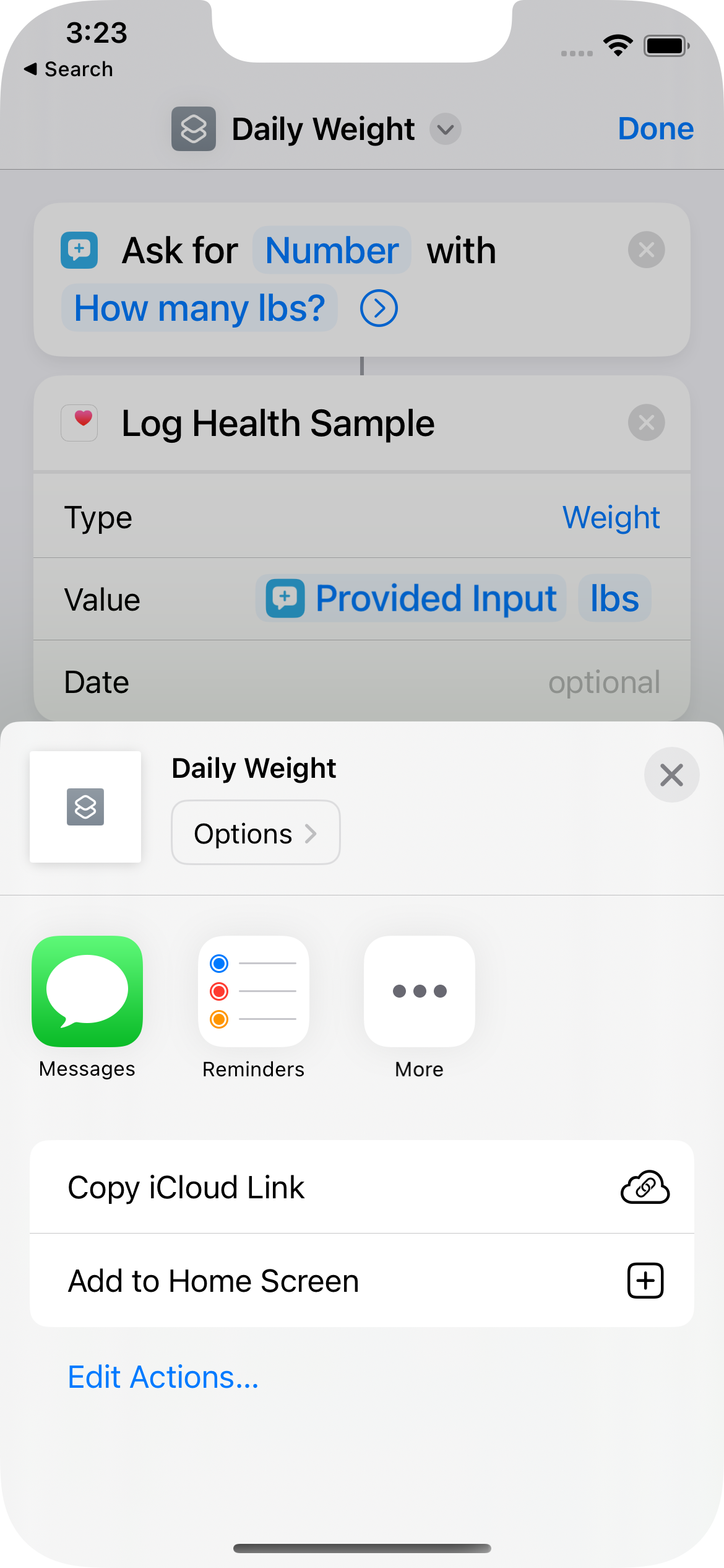 Screenshot from Shortcuts App